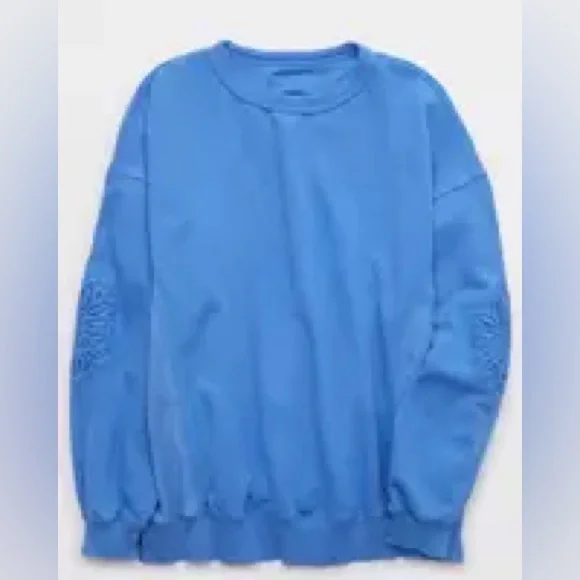 Aerie Keep It Light Oversized Crochet Crew Sweatshirt Blue - Picture 3 of 8